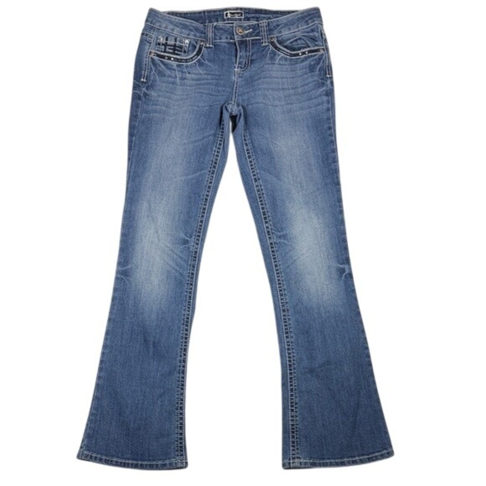 Soundgirl Womens Bootcut Jeans Blue Medium Wash Rhinestone Fleur De Lis Size 9